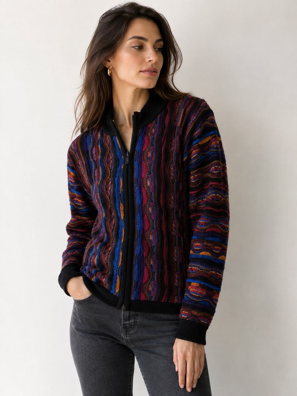 Vintage Purely Australian Merino Wool 3D Knit Jacket L Colorful Made Australia